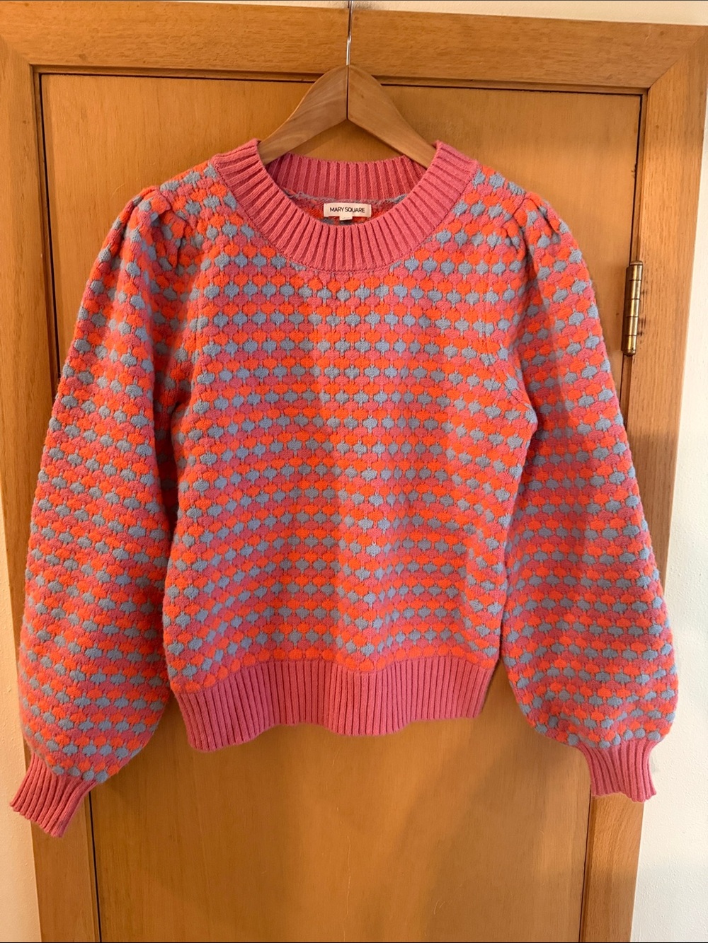 Mary Square Women's Patterned Colorful Puff Sleeve Sweater Pink Blue Medium